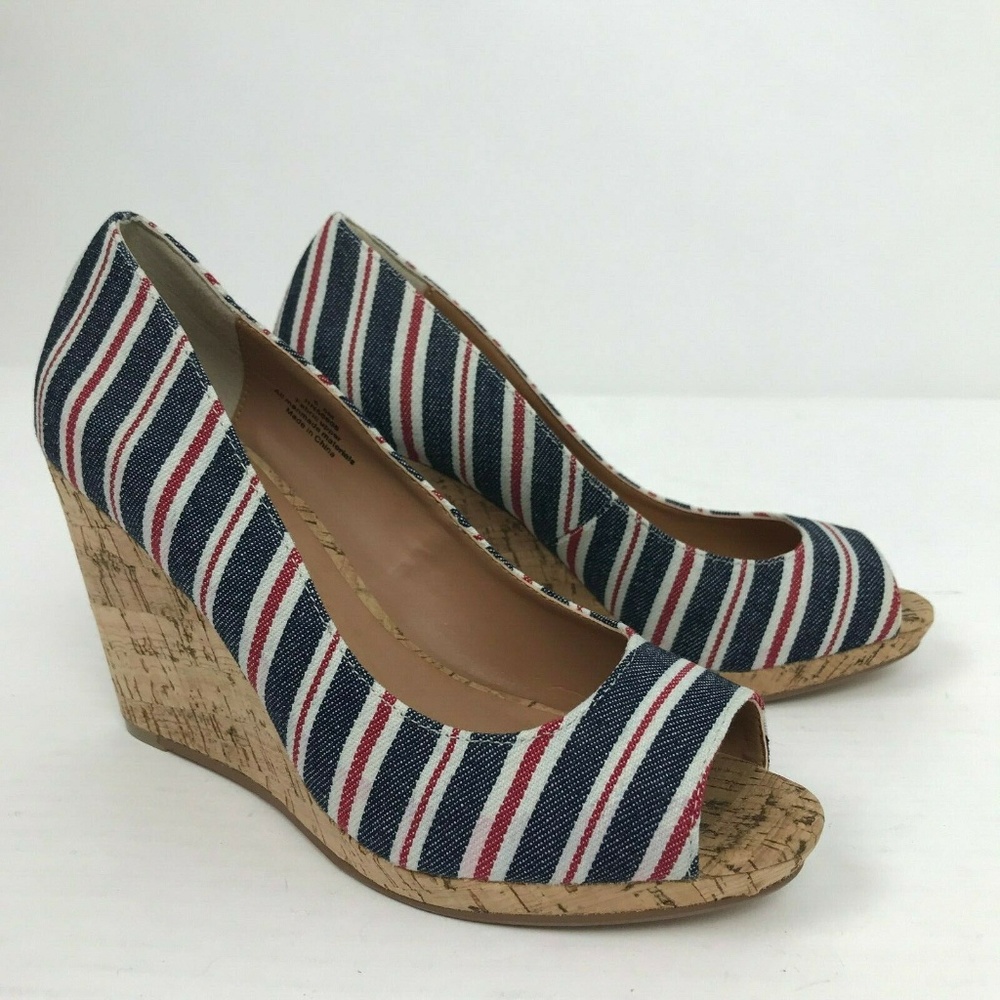 Caslon Red Blue White Peep Toe Cork Wedge Heels